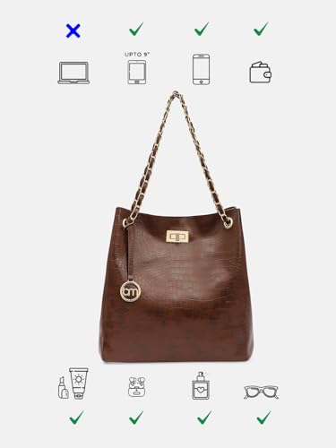 Image of Bagsy Malone Bucket Shaped Tote Bag -Set of 2 | Handcrafted Side Tote Bag for Office and College (Croco Brown)