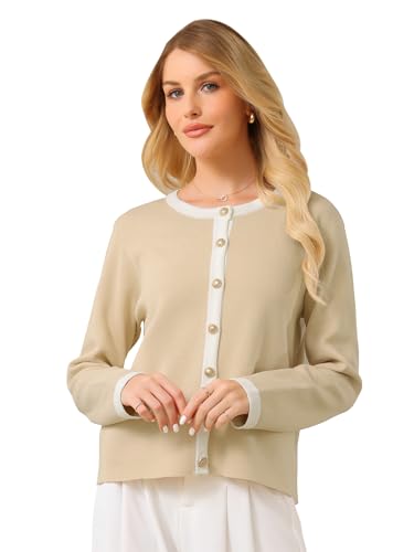 Women's Casual Cardigan Sweater Crewneck Contrast Color Long Sleeve Knit Ribbed Jacket Coat