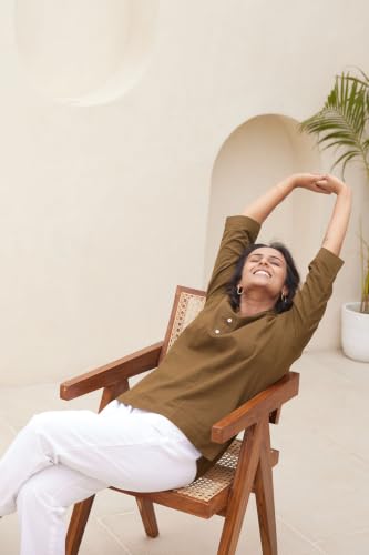 Image of SAADAA Women Short Kurti Airy Linen Regular Fit Kurta with 3 /4th Sleeves, Mandarin Collar, Side Slit Perfect for Casual, Formal, and Ethnic Wear