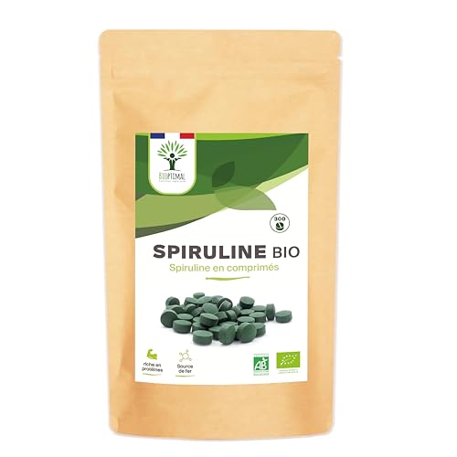 Spiruline Bio - Bioptimal - Complément alimentaire - BCAA Fer Vitamine A - 65% de Protéine - 17% de Phycocyanine - 500 mg/comprimé - Conditionnée en France - Certification Ecocert - 300 comprimés