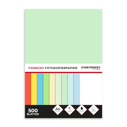 Emerson farbiges Druckerpapier Kopierepapier A4 grün 500 Blatt | 80 g/m2 210 x 297 mm | Drucker: Laser, Inkjet, Fotokopierer, Fax | Vielseitiges Papier zum Fotokopieren, Basteln