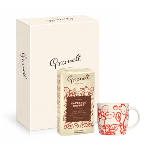 Café molido 100% Arábica con tueste natural y delicioso aroma a avellana, presentado en un elegante pack con taza y caja de diseño, ideal para regalar.