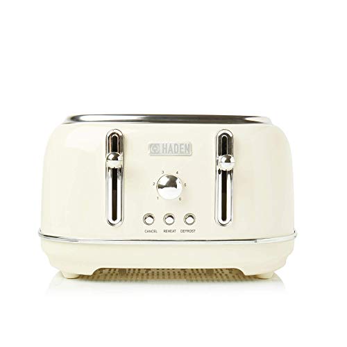 Haden Highclere Cream Toaster 4 Slice - Electric Stainless steel Toaster With Reheat And Defrost Functions - Easy To Clean - Removable Crumb Trays