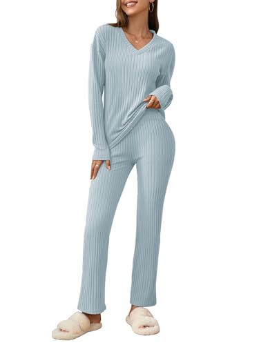 outfit spring Damen Schlafanzug Set Winter V-Ausschnitt Langarm Langhose Hausanzug Rippstrick Pyjama Homewear Lounge Set Baumwolle L Blau