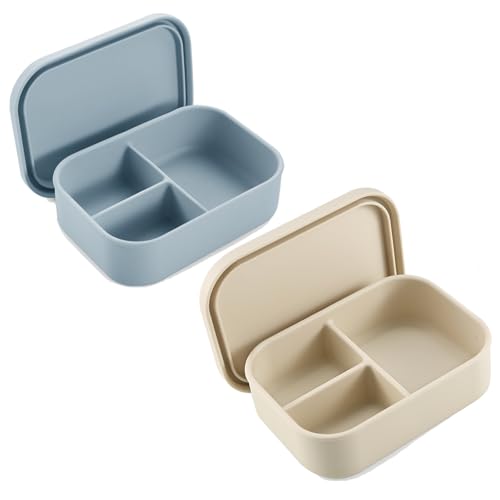 PandaEar 2 Pack Silicone Bento Lunch Box for Toddlers Kids, 3-Compartment Lunch Containers, Leak-Proof & BPA-Free, Microwave & Dishwasher Safe (Blue &...