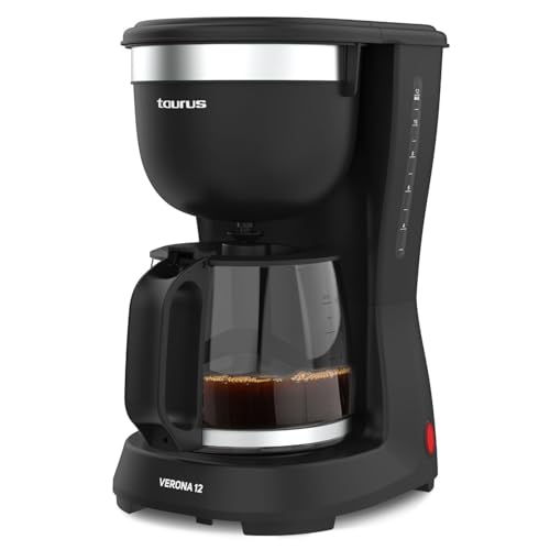 Taurus - Cafetera de Goteo Verona 12 | 680W | 1250 ml | Intense Flavour Tech | Placa Calefactora | Filtro Permanente Lavable | Jarra Cristal Antigoteo | Diseño Compacto Negro Mate | BPA Free