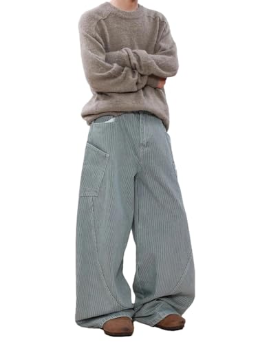 Men's Vintage Letter Embroidery Blue Striped Jeans Casual Wide Leg Long Pants