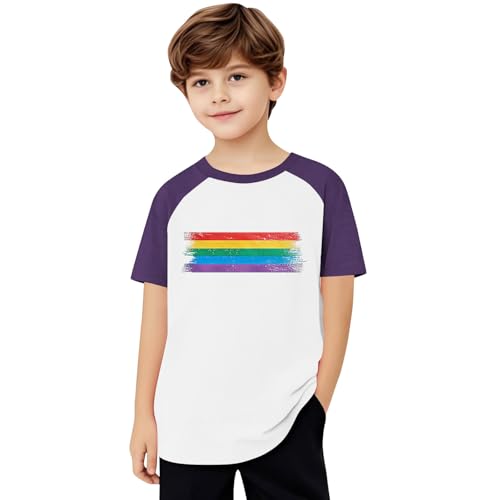 Girls Rainbow Print Cute T-Shirts Kids Color Block Loose Raglan Tops Boys Crewneck Basic Short Sleeve Tees for 3-14 Years4