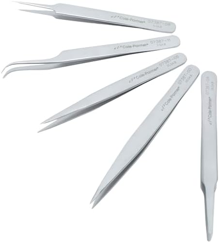 Cole-Parmer Precision Stainless Steel Tweezers, Set of 5 w/Wood Case