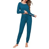 Aseniza Pigiama Donna Cotone Pigiami Invernali Lungo Maniche Lunghe Set Due Pezzi Leggero Tinta Tinta Unita Morbido e Caldo con Tasche Coulisse Blu Navy XXL