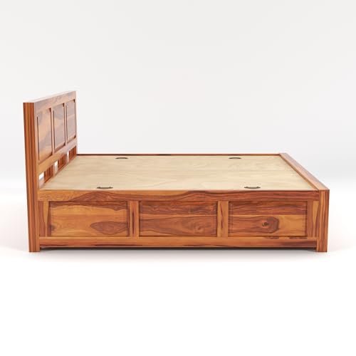 Image of Sheesham Wood King Size Bed with Storage Box | Wooden Box Bed King Size Double Cot Bed with Storage for Bedroom | Premium 3 Dalla Design Headboard Bed for Hotel, Home | Honey Finish