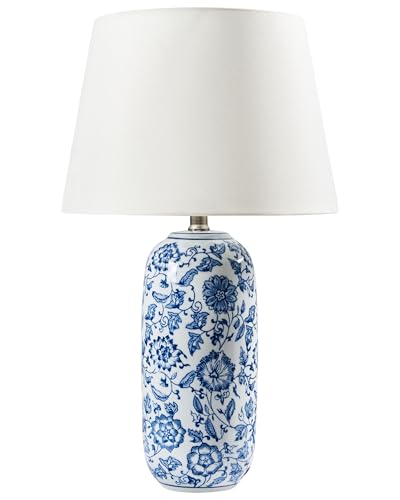 Beliani Lampe à Poser en Porcelaine Base Motif Floral Abat-Jour en Lin Clair Luminaire de Chambre Bleu et Blanc Aibonito