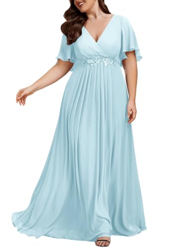 Image of Ever-Pretty Short Sleeves V Neck Plus Size Formal Dresses for Curvy Women Chiffon Mother of The Bride Dress Evening Gowns