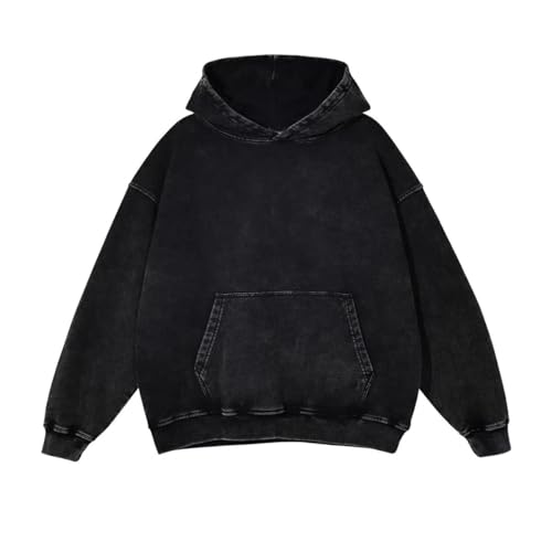 Dynict Men's Solid Y2K Hoodies Oversize Acid Wash Vintage Hoodie Baggy Casual Pullover Streetwear Sweatshirt (Black,Large)