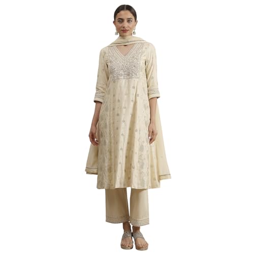 Biba Women's Silk Kurta, Bottom, Dupatta (SKDTMETWEV30288AW25NTWH