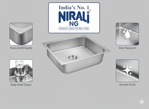 Image of NIRALI Kitchen Sink 27x21x10 Inch 304 Stainless Steel | Single bowl Sink Round Coupling | Rust & Stain Resistant | Glossy Finish | Minimizes Sound Orbis Sink (Glossy, 27 inch x 21 inch x 10 inch)