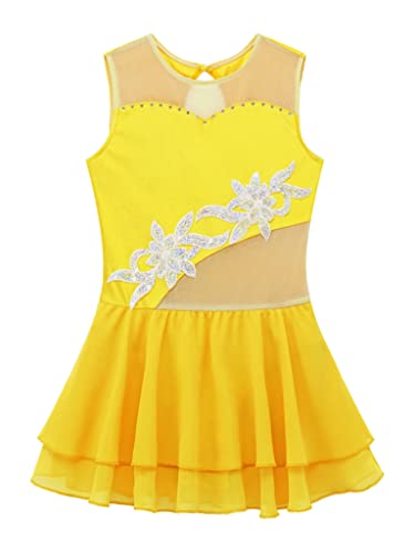 Jowowha Kids Girls Sequins Figure Ice Skating Dress Sleeveless Floral Tulle Dance Dress Ballet Gymnastics Performance Costume Yellow 8 Years #TOP2