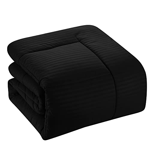 Image of Sweet Home Collection 8 Piece Comforter Set Bag Stripe Design, Bed Sheets, 2 Pillowcases, 2 Shams Down Alternative All Season Warmth, King, Dobby Black