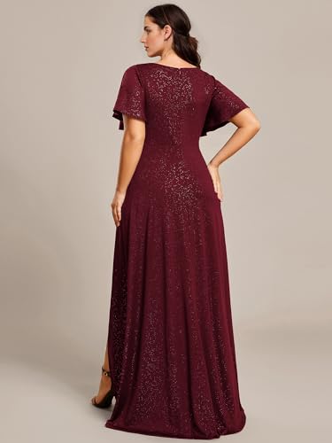 Image of Ever-Pretty Womens Glitter High Low Plus Size Cocktail Wedding Guest Dress | V-Neck, Ruffle Sleeve, High Stretch, A-Line, Front Slit, Plus Size Formal Dresses Evening Gowns