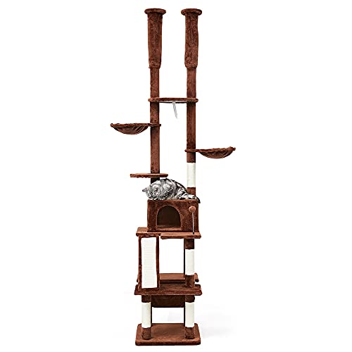 登りタワー ダブル キャットタワー 窓付きの透明ステップ 突っ張りタイプキャットタワー 透明宇宙船 透明ボール 透明ハンモック おうちで登りタワー 多頭飼い 天然サイザル麻紐 爪とぎガリガリ 運動不足解消 ストレス解消 省スペース ポール ペット用品 ペットグッズ50×50×230~250cm (ブラウン)