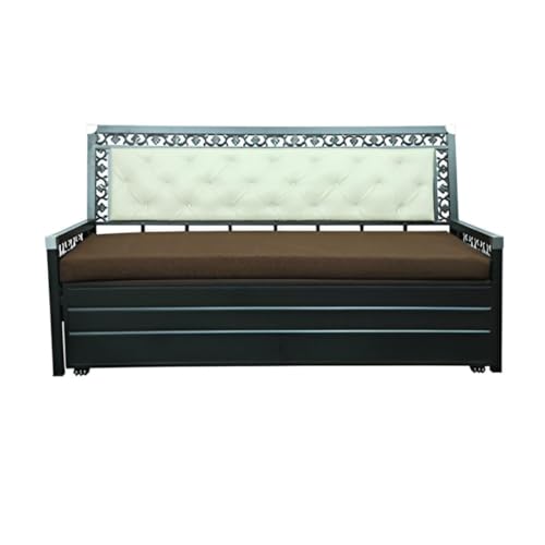 Image of Rexo Metal Sofa Cum Bed with Hydraulic Storage | 3 Seater Convertible Sofa Bed for Living Room | Heavy Duty Metal FrameMatte Black Finish with Dark Brown Cushion, Queen