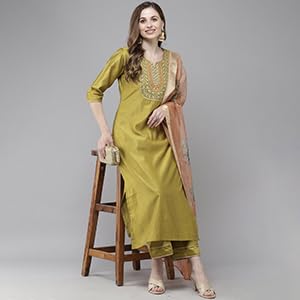 Image of INDO ERA Women's Cotton Blend; Organza & Rayon Kurta Palazzo With Dupatta Set