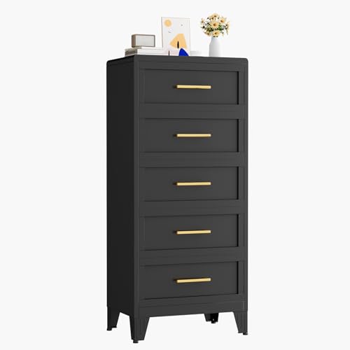 KAIFAM Metal Dressers & Chest of Drawers, Black Tall Dresser for Bedroom, 5 Drawer Dresser with Curved Corner, Bedroom Dressers with Drawers, Storage Cabinet for Hallway, Entryway (Black, 24