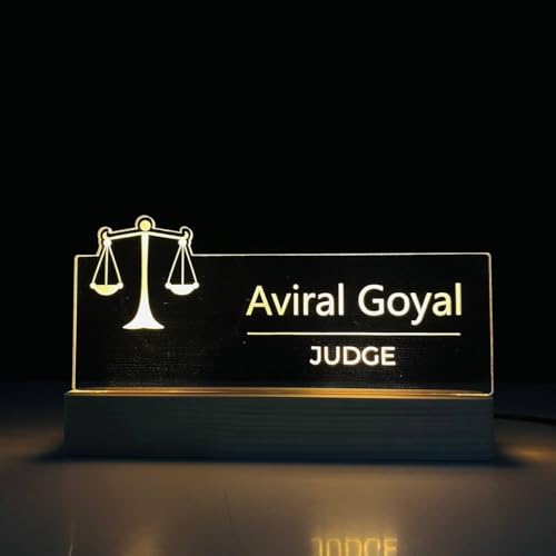 Image of Personalized LED Desk Name Plate for Judge Customized Engraved Name Lamp Office Desk Name Sign Light for Birthday Law Chambers, Courtroom, Attorney Gift, Judge Retirement or Promotion (10 x 6 inch) (For Judge)