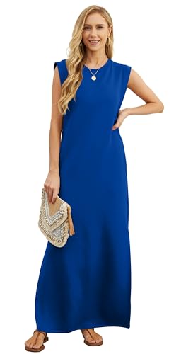 Image of GRECERELLE 2026 Women Year-Round Casual Round Neck Loose Split Wrinkle-Free Long Maxi Vacation Dress with Pockets (XXS-4XL)