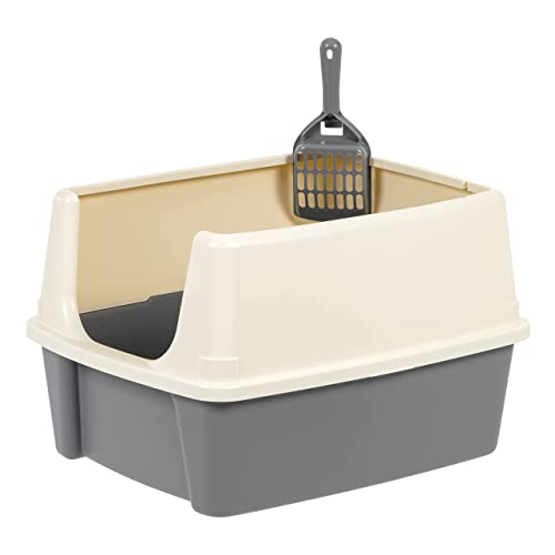Image of Amazon Basics Large Cat Litter Box with High Sides, Open Top for Easy Access, Includes Scoop with Storage, 19 inch x 15 inch x 11.75 inch, Grey /Beige
