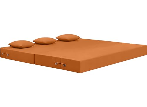 Image of AMATA Instant 3 Seater Foldable Sofa Cum Bed Orange Suede Velvet Fabric with 2 Pillow Perfect for Home Living Office Room and Guests (3 Year Warranty) (Orange, Instant 3 Seater Sofa Cum Bed)