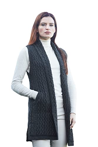 Aran Crafts Women's Herringbone Longline Sleeveless Coat, 100% Merino Wool, Made in Ireland, SH5256-MED-CHAR Cover