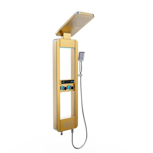 Image of ELLO&ALLO LED Rainfall Shower Head and Rain Massage System with Body Jets Stainless Steel Bathroom Shower Panel Tower System with Shelf, Brushed Gold&Chrome
