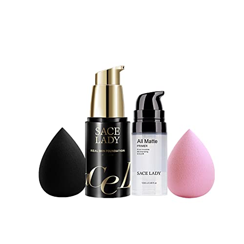 4 Pack Liquid Foundation and Primer Face Makeup with Beauty Sponge Kit, Flawless Matte Cream Foundation Medium Coverage, Long Lasting Cosmetics, 1.06 Fl Oz