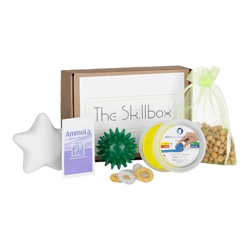 The Skillbox - Skill Hilfe Set für Erwachsene und Jugendliche bei Stress Panikattacken Belastungszustände - Skillset mit: Akupressurringen Anti-Stress-Bällen Therapieknete & AmmoLa Riechampullen