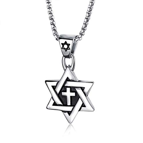 Blowin Silver Stainless Steel Jewish Charm Cross Star of David Pendant Necklace with 24 Inch Chain
