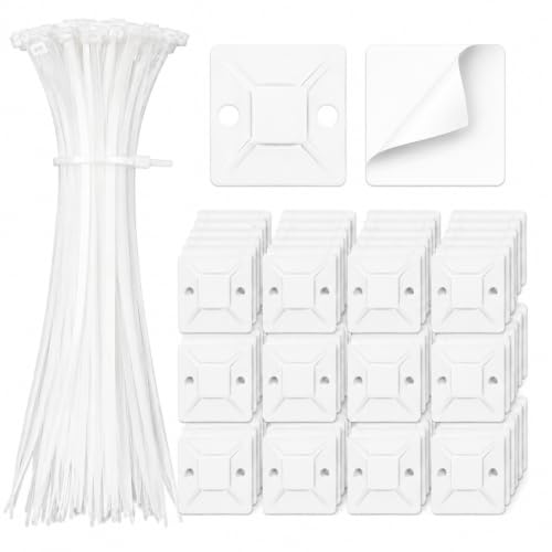Zip Tie Mounts - SeuYeugX 100 PCS Cable Self Adhesive Mounts Set for Wire Management with Stick Pads Anchors Clips Squares Holders (White)