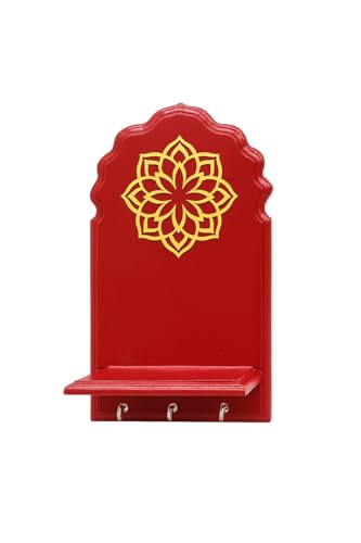 Image of Globally Indian Engineered Wood Keys Holder for Wall with Shelf | Mandala Design Key Stand Organizer for Home Entrance |Decorative Key Hanger for Wall, Entryway, Living Room |Floating Wall Shelf (Red)