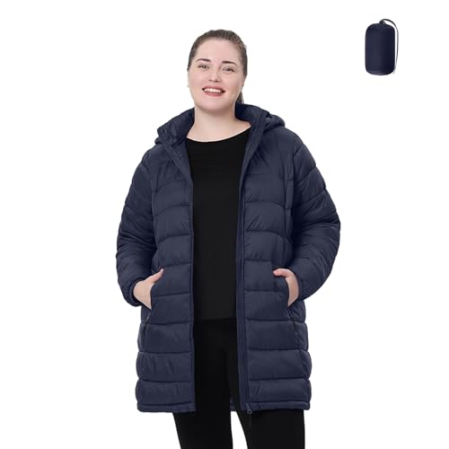 Plus Size Women Packable Puffer Jacket 1X-6X Water-Resistant Lightweight Puffer Coat Detachable Hood