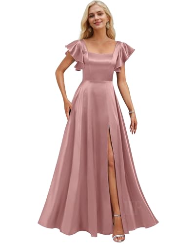 Image of IIF Short Sleeve Bridesmaid Dresses with Pockets Square Neck A-Line Satin Prom Gown Dress for Women with Slit IIF134