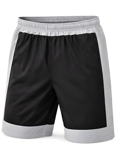 Image of Men's Athletic Shorts, Black and Grey Color Block Sports Shorts with Elastic Waistband