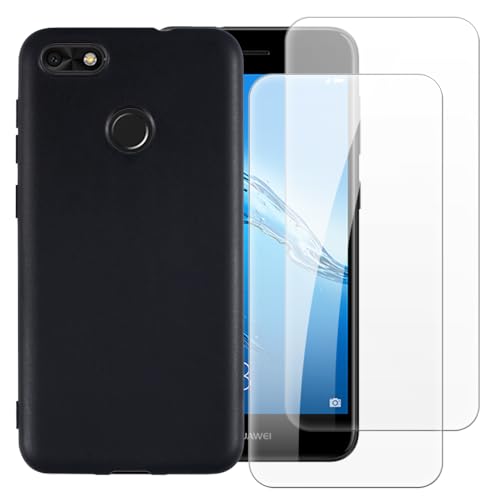 Shantime Custodia con 2 pezzi Pellicola Compatibile con Huawei Y6 Pro 2017, Cover Antiurto e Vetro Temperato per Protezione Totale(Nero)