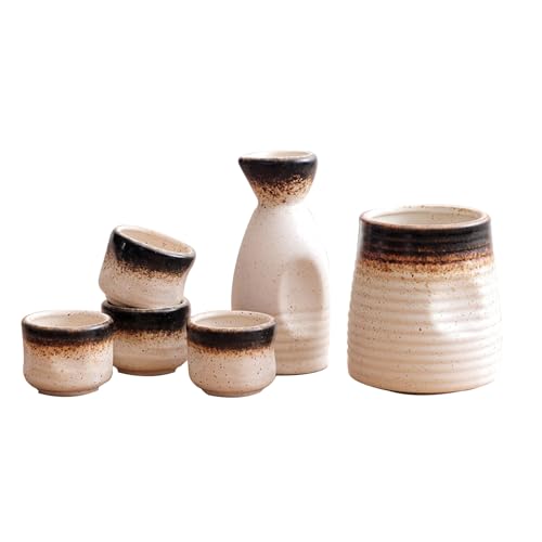 SLLS 酒器セット 陶器 徳利1個 お猪口4個 温酒器付き 日本酒 冷酒 熱燗セット 焼酎 茶用 和風 おしゃれ 宴会 晩酌 上品 退職祝い 誕生日プレゼント (ホワイト,徳利1個 ぐい呑み盃4個+ワインウォーマー)