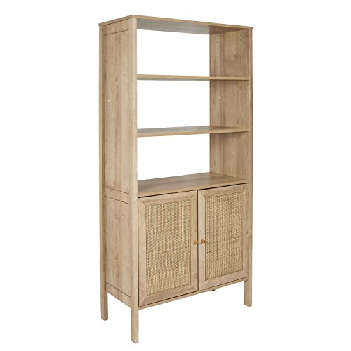 Toilinux.com Buffet Bali de ratán y paneles de partículas con almacenamiento abierto y cerrado H.163 cm - Beige