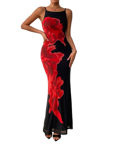 PRETTYGARDEN Womens Summer Dresses 2025 Elegant Spaghetti Straps Evening Gown Floral Print Bodycon Maxi Mesh Sundress - Main Image