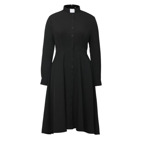 Image of FAD-4U Church Clergy Dress for Women Long Sleeve Rows Buttons A Line Dress with Tab Collar