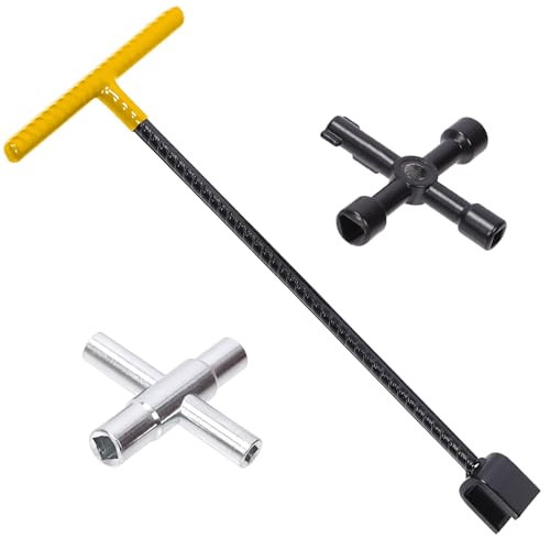 Swpeet Water Meter Key Wrench (3Pcs) and 4-Way Sillcock with Multi Functional Utility Tool Assortment Kit, Industrial Grade, Alloy Steel, Powder Coated