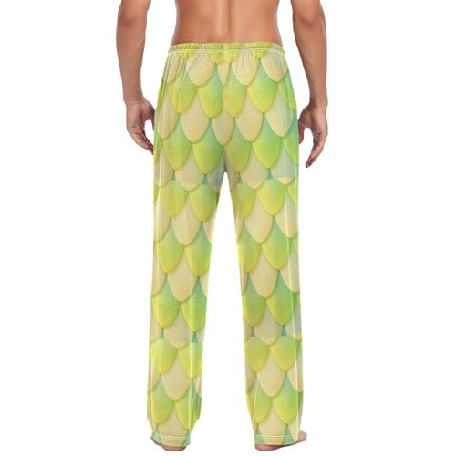Men’s Green Dragon Scales Pajama Pants with Pockets, Comfortable Lounge Sleep Bottoms#5172