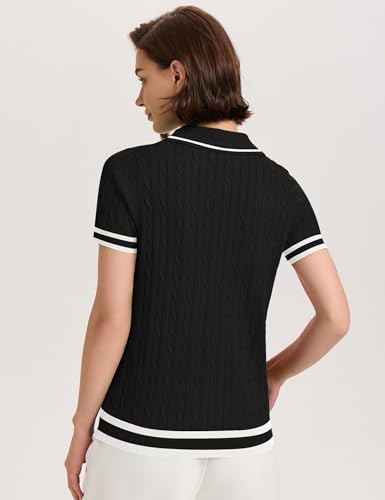 Image of Micoson Womens Short Sleeve Sweater Tops Lapel V Neck Polo Shirts 2026 Summer Cable Knit Loose Blouse Business Casual Outfits