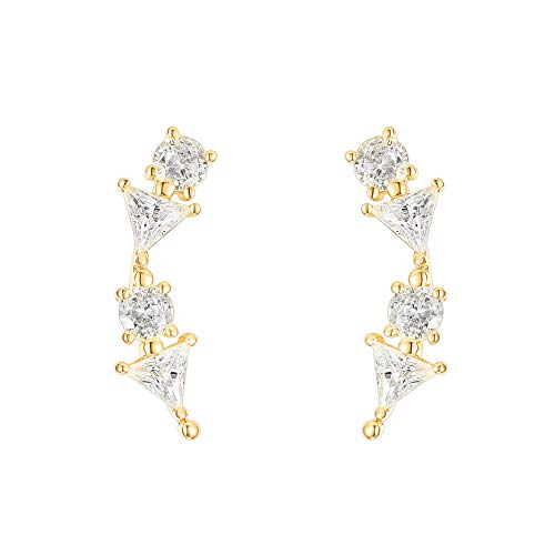 Pavoi 14K Gold Plated Sterling Silver Post Cubic Zirconia Ear Crawler Earrings - Climber Earrings For Women Or Girls (Geometric, 14K Yellow Plated) #TOP23